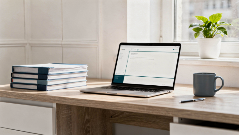 루스트랜스 블로그 첫 포스팅 대표 이미지 - 노트북과 서류가 있는 깔끔한 책상