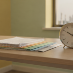 연말 오후, 인도 제출용 아포스티유 서류와 시계가 놓인 사무실 책상