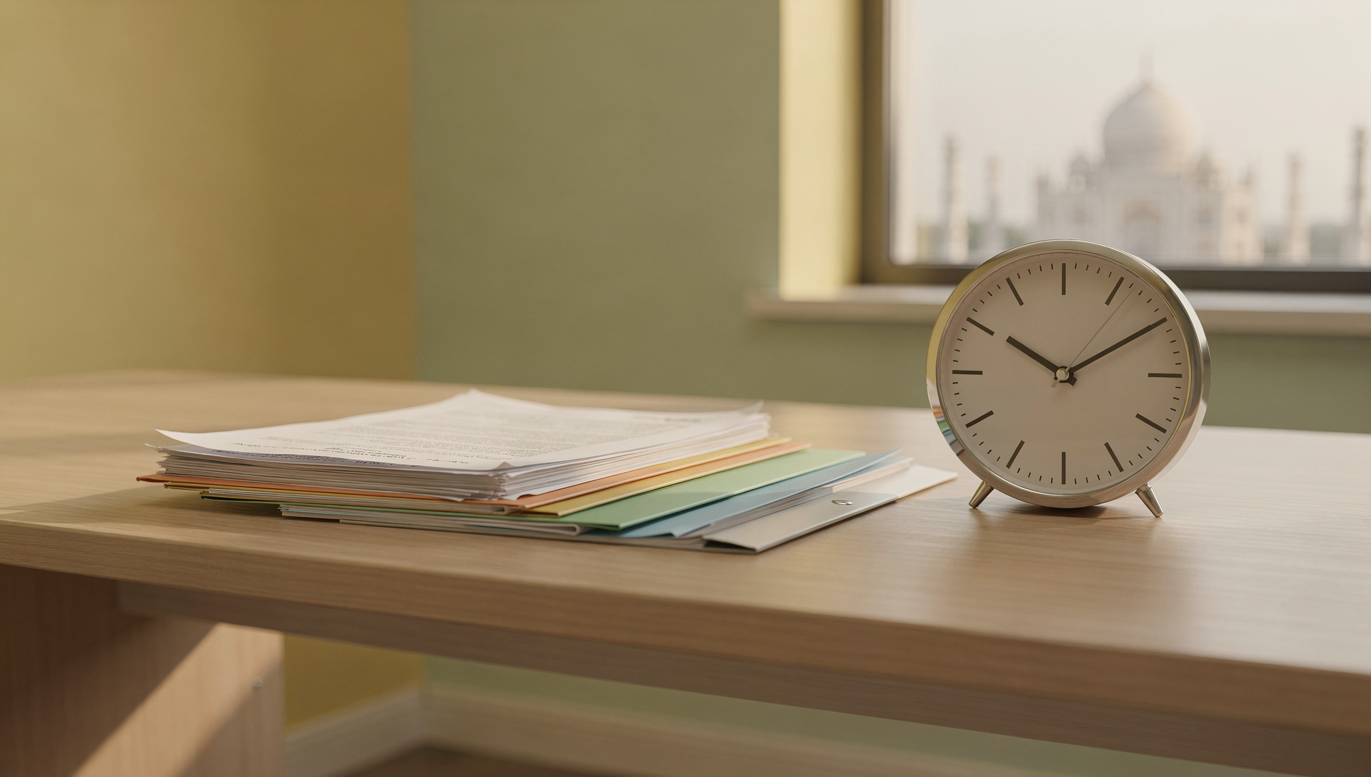 연말 오후, 인도 제출용 아포스티유 서류와 시계가 놓인 사무실 책상