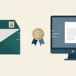 우편으로 받은 서류와 온라인 발급 서류가 인증 절차로 전달되는 과정을 표현한 일러스트