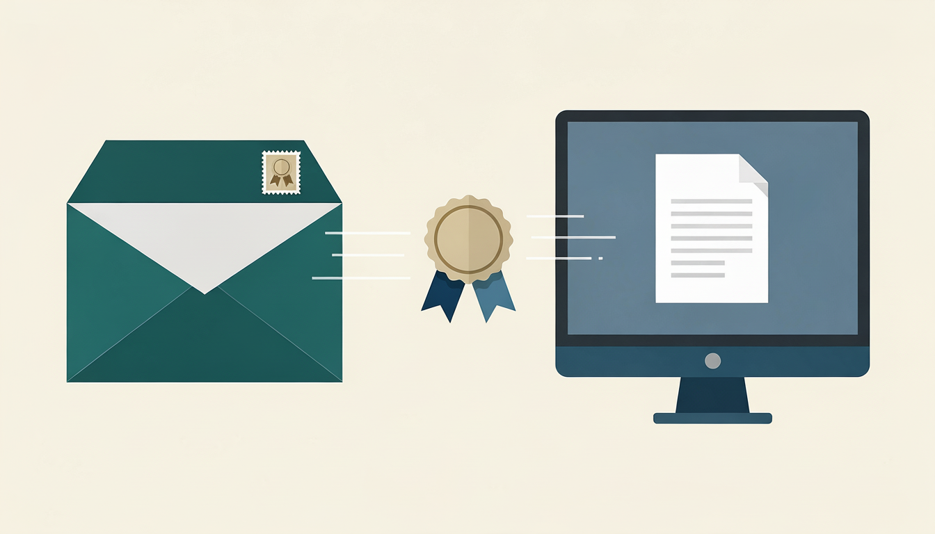 우편으로 받은 서류와 온라인 발급 서류가 인증 절차로 전달되는 과정을 표현한 일러스트