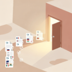 서류들이 단계별 확인 표시를 거쳐 열린 문 안으로 들어가는 모습의 일러스트, 해외 제출용 문서 준비 절차를 상징하는 이미지