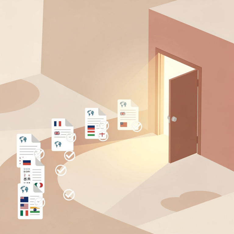 서류들이 단계별 확인 표시를 거쳐 열린 문 안으로 들어가는 모습의 일러스트, 해외 제출용 문서 준비 절차를 상징하는 이미지