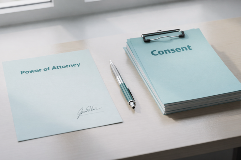 Power of Attorney와 Consent 제목이 적힌 두 서류가 나란히 놓인 모습으로 공증 방식 차이를 나타내는 이미지