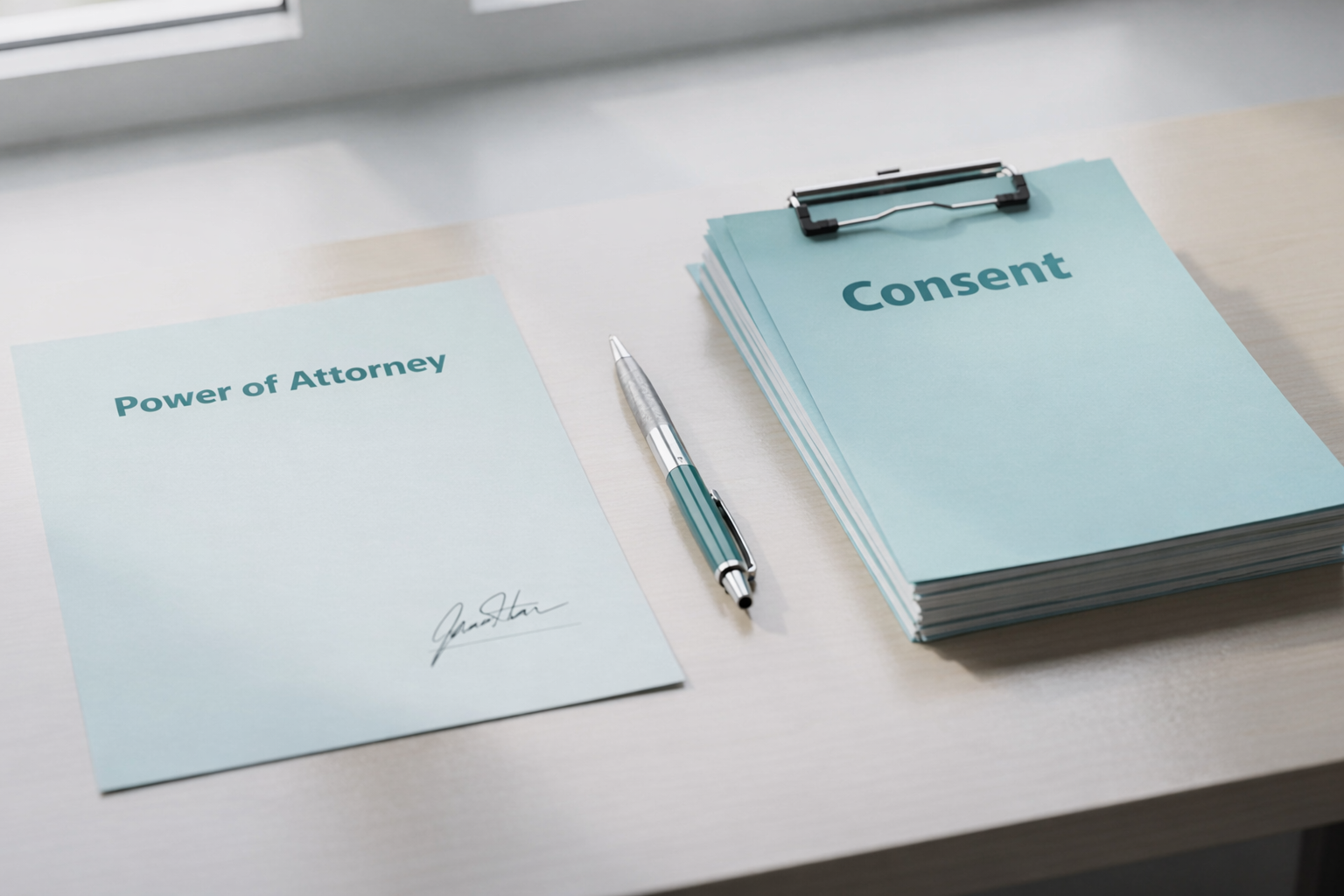 Power of Attorney와 Consent 제목이 적힌 두 서류가 나란히 놓인 모습으로 공증 방식 차이를 나타내는 이미지