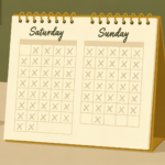 공증실 책상 위 토요일과 일요일만 표시된 달력 빈칸에 X 표시가 반복된 모습