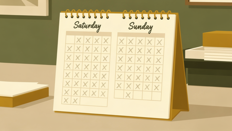 공증실 책상 위 토요일과 일요일만 표시된 달력 빈칸에 X 표시가 반복된 모습