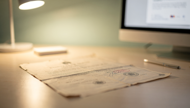 오래된 필리핀 출생증명서 원본을 번역 작업 중인 책상 위 장면