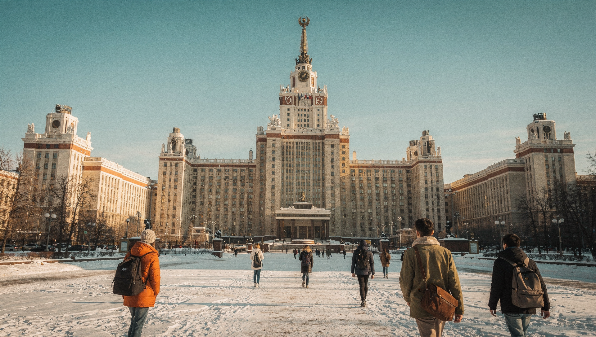 러시아 정부초청장학생 유학 서류 준비를 상징하는 모스크바 국립대 겨울 캠퍼스 이미지