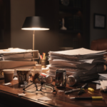 투르크메니스탄 영사확인 대량 접수를 위해 밤샘 작업 중인 루스트랜스 사무실 책상과 쌓여있는 서류 더미