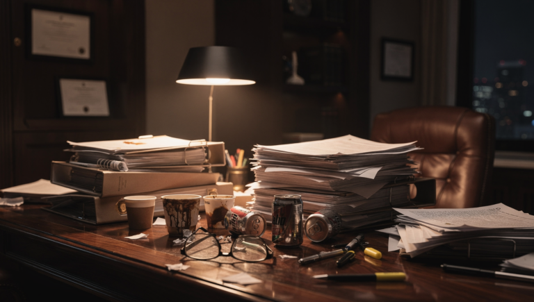 투르크메니스탄 영사확인 대량 접수를 위해 밤샘 작업 중인 루스트랜스 사무실 책상과 쌓여있는 서류 더미