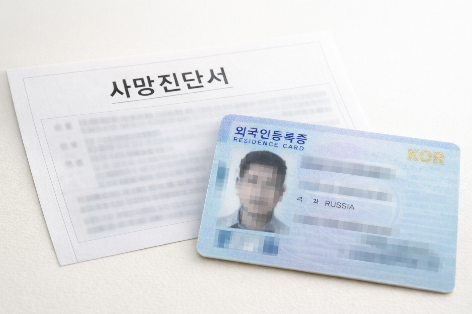 외국인의 사망진단서와 외국인등록증 실물 예시