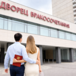 러시아 작스(ZAGS) 결혼등록소 앞에서 서류를 들고 입장하는 커플 뒷모습