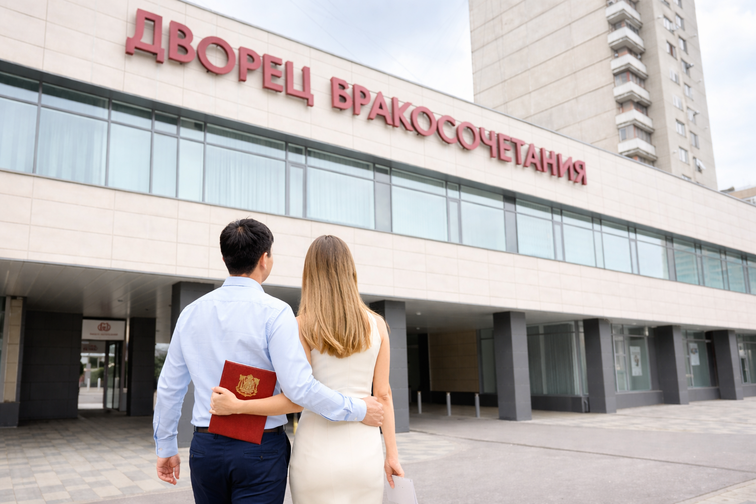 러시아 작스(ZAGS) 결혼등록소 앞에서 서류를 들고 입장하는 커플 뒷모습